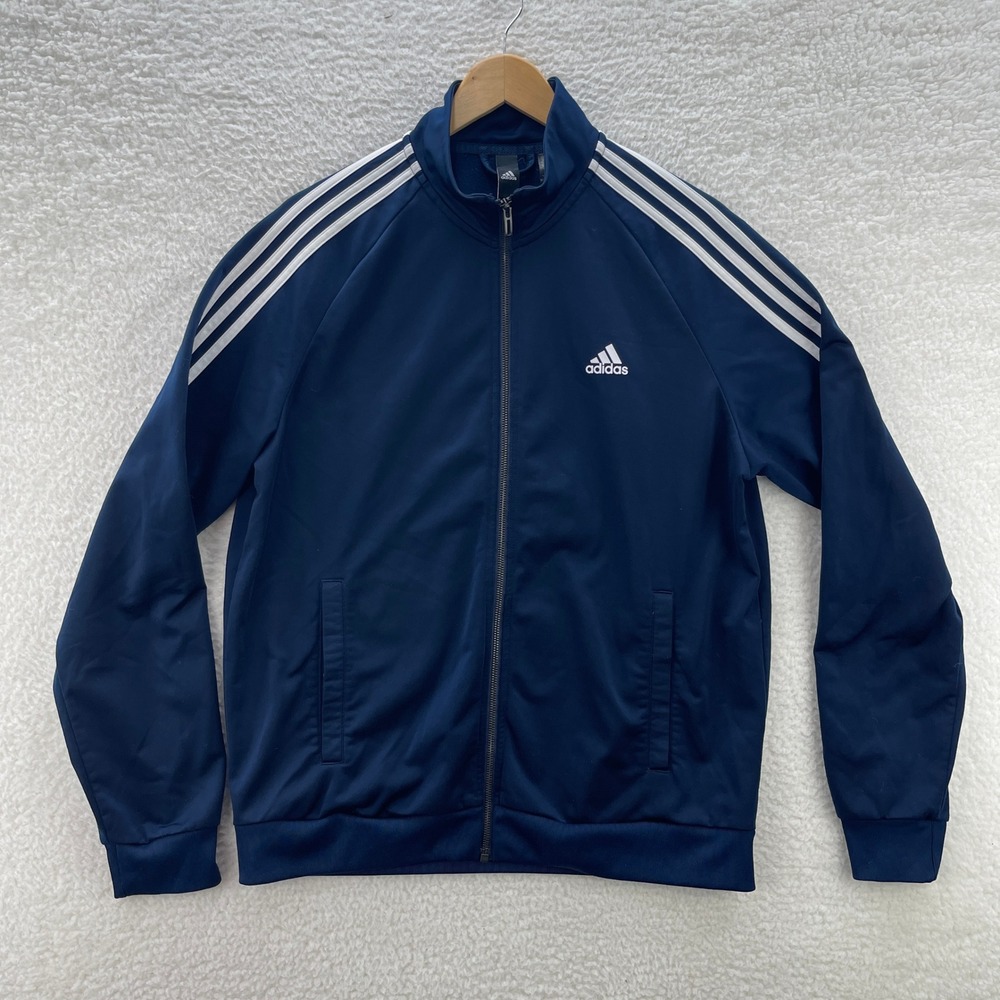 Adidas Track Jacket Mens Large Blue White Full Zip 3 Stripes Soccer Sports Gym